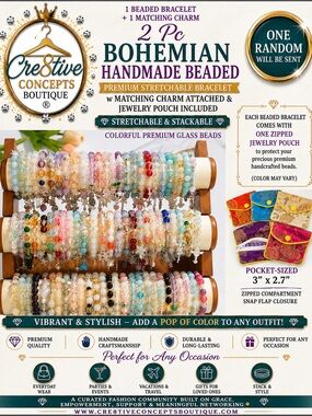 2 Pc Bohemian Handmade Beaded Premium Stretch Bracelet W/Charm & Jewelry Pouch